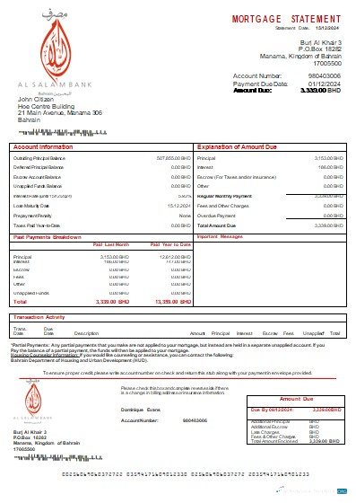 Download Bahrain Al Salam Bank bank mortgage statement scr Photoshop template